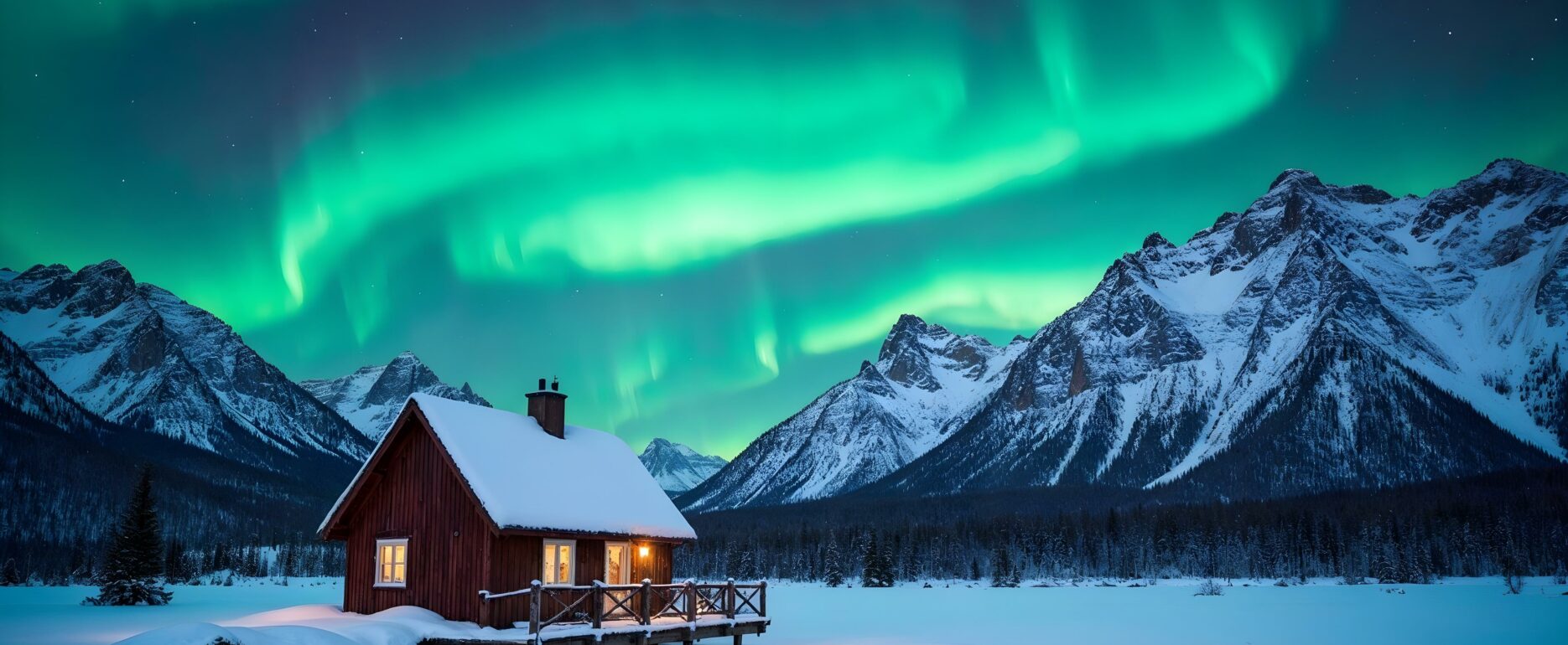 Cabin by a frozen lake in Lapland with snowy mountains and Northern Lights – exclusive corporate retreat and Arctic incentive experience