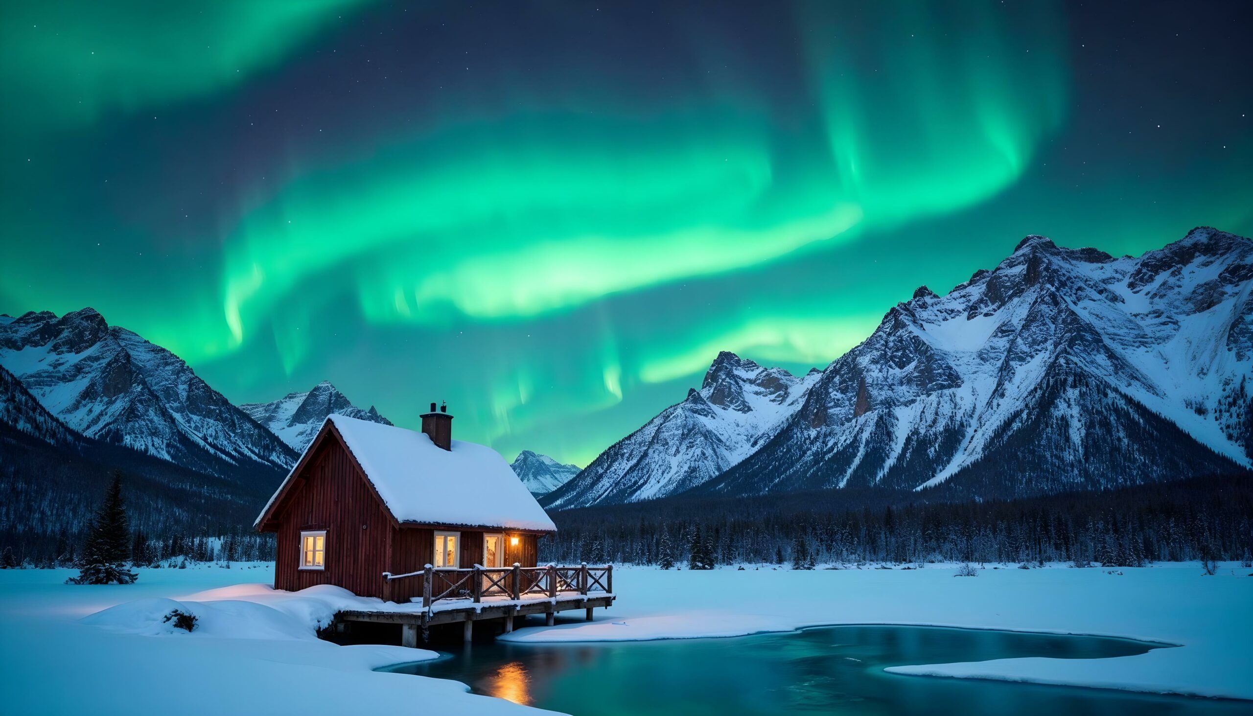 Cabin by a frozen lake in Lapland with snowy mountains and Northern Lights – exclusive corporate retreat and Arctic incentive experience