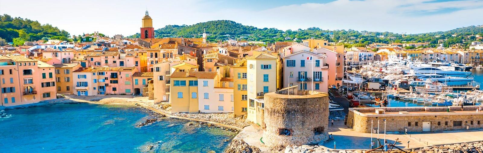 Saint-Tropez old town and yacht marina view from fortress on the hill. Provence Cote d'Azur, France.